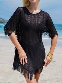 SHEIN Swim Solid Color Knitted Hollow Out Fringe Decor Cover-Up Music Festival Summer - Black - View 2