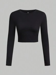 SHEIN EZwear 3pcs/Set Casual Solid Color Round Neck Long Sleeve Fitted Women T-Shirts, Suitable For Spring & Autumn - Multicolor - View 3