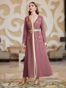 Al Najma 水晶珠饰 V 领长袖连衣裙