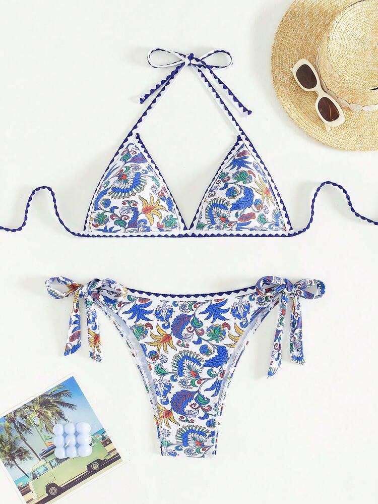 Women's Plant Print Halter Strap Two Pieces Bikini Set Summer Beach