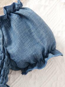 SHEIN Vintaside Kids 女婴优雅基本款牛仔效果褶皱柔软连体衣，露肩泡泡袖和折叠袖口