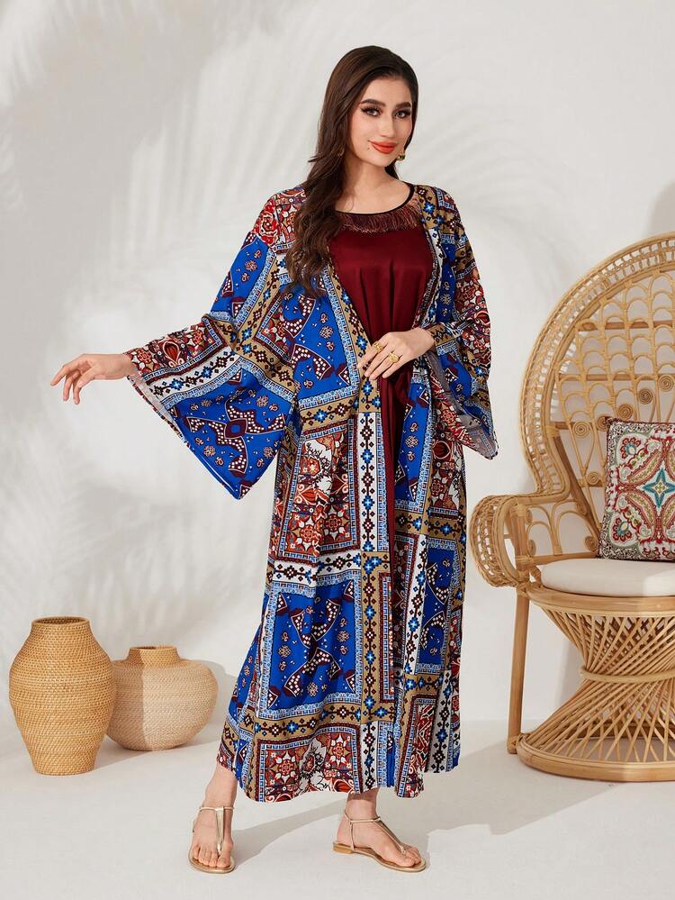 1pc Women's Full-Printed Kaftan With Flared Sleeves