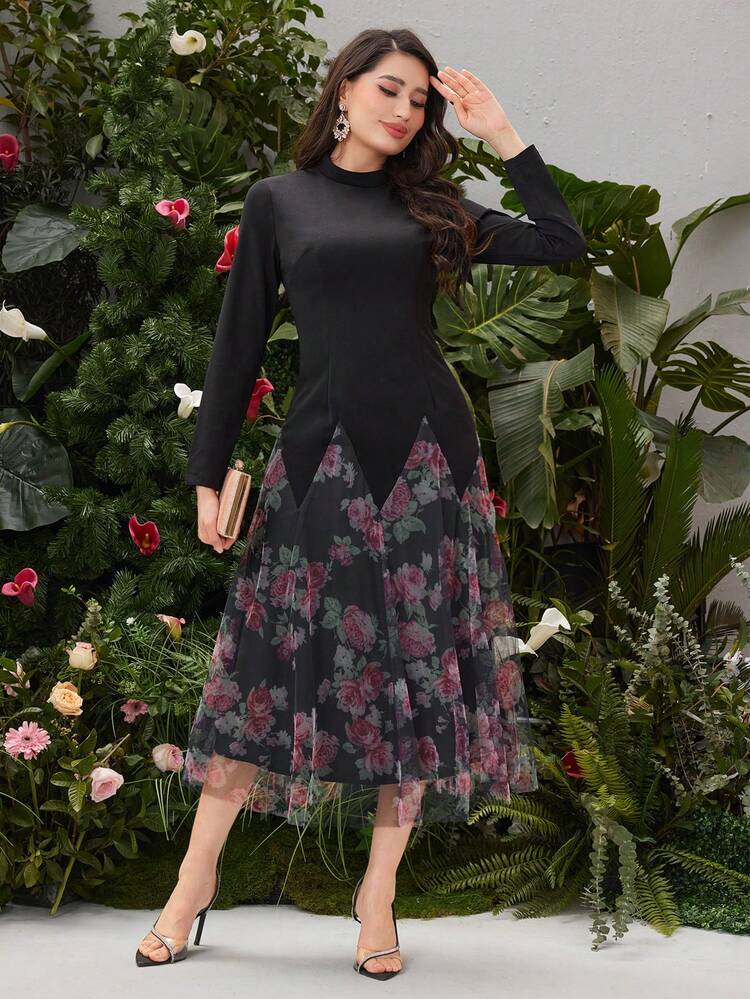Ladies' Patchwork Floral Mesh Hem Long Sleeve Dress Fall Cloth For Women