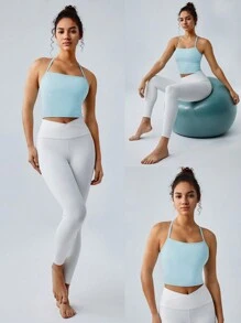 GLOWMODE FeatherFit™ T-Neck Racerback Tank Top Light Support Low Impact Yoga Studio Fall Winter - Aqua Blue - View 9