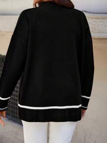 EURMUSE Contrast Trim Drop Shoulder Cardigan - Black - View 2