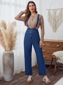 SHEIN LUNE Women's Button-Front Denim Overalls - Medium Wash - View 5