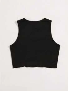 SHEIN ChicEase Camiseta de tirantes de mujer con cuello redondo y estampado de palmera y letras - Negro - Ver 2