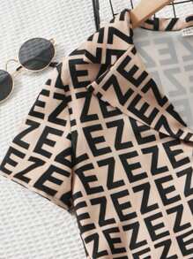 SHEIN 年輕女孩鬆身休閒幾何印花襯衫和連身褲套裝