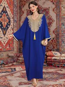 Al Najma 女式蝙蝠袖土耳其长款花卉刺绣装饰朴素卡夫坦阿拉伯连衣裙