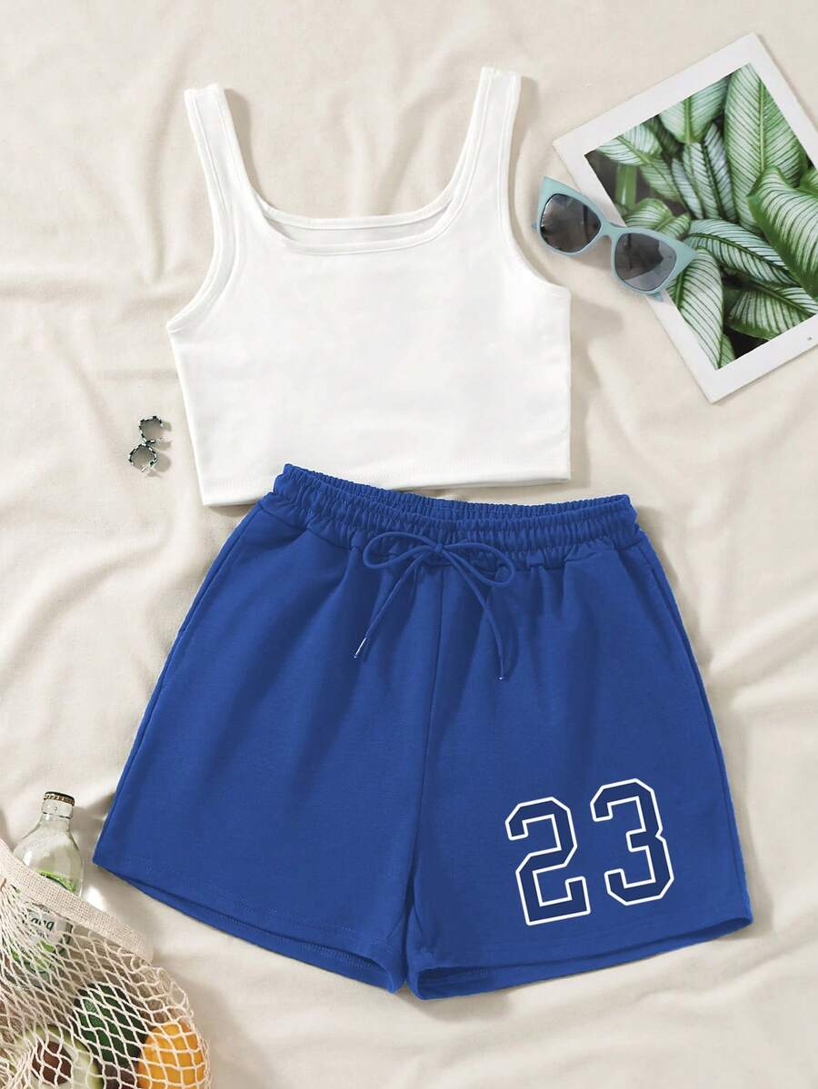 SHEIN EZwear Conjunto De Camiseta De Tirantes De Color Sólido Para Mujer Y Shorts Con Patrón Digital - Multicolor - Ver 1