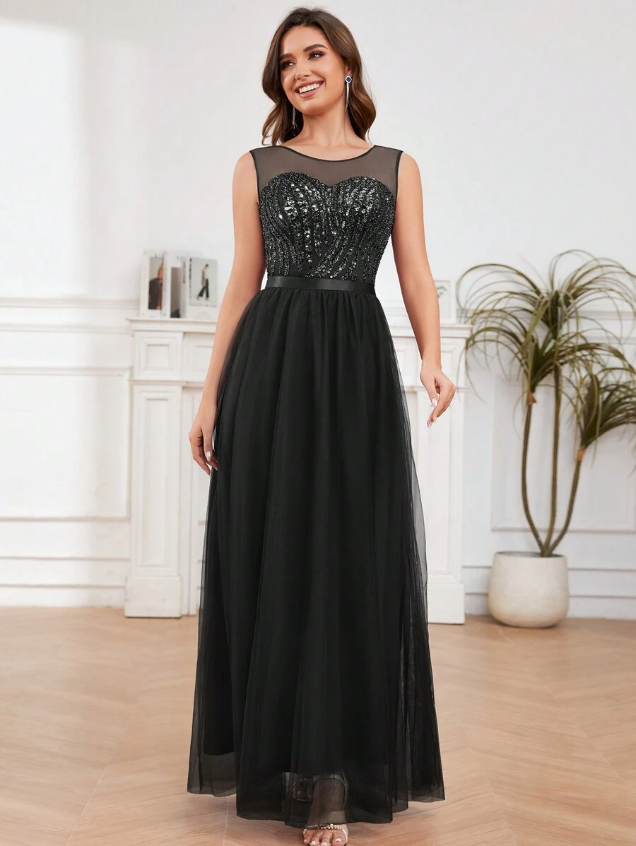 Vestido De Fiesta Largo Negro Con Bordado - Negro - Ver 1