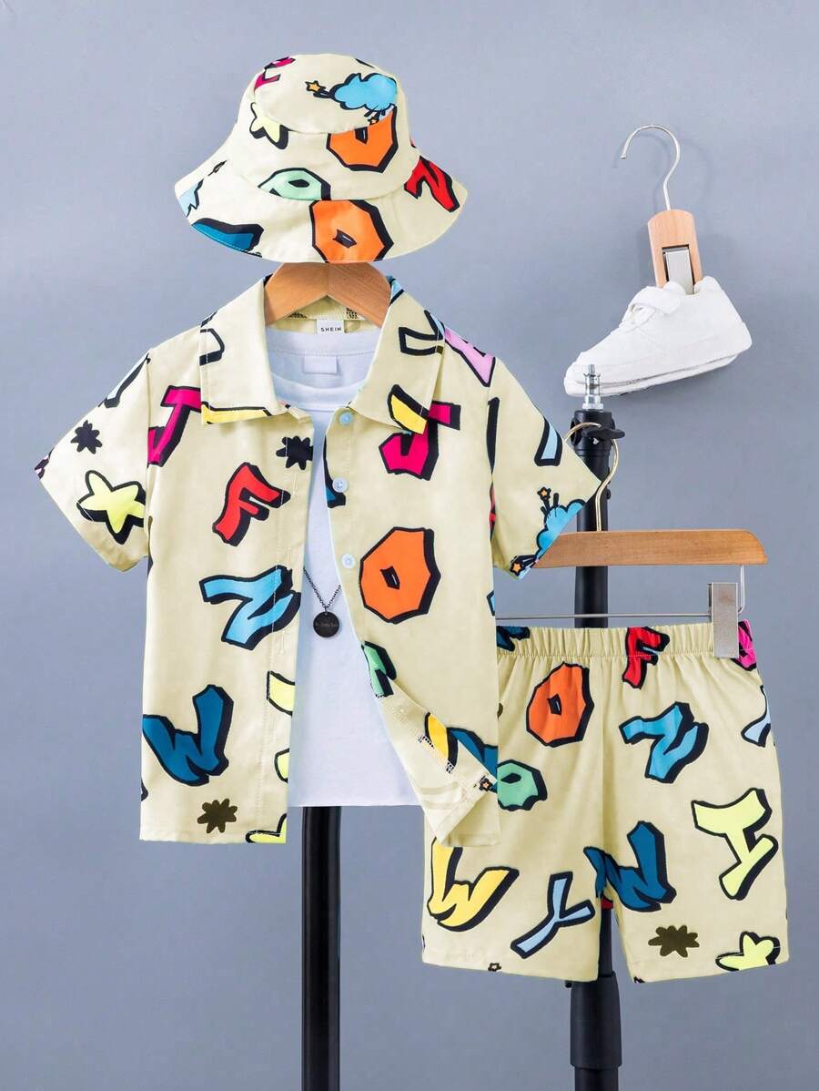 SHEIN Young Boy' Letter Pattern Short Sleeve Shirt And Shorts 2-Piece Set - Yellow - View 1