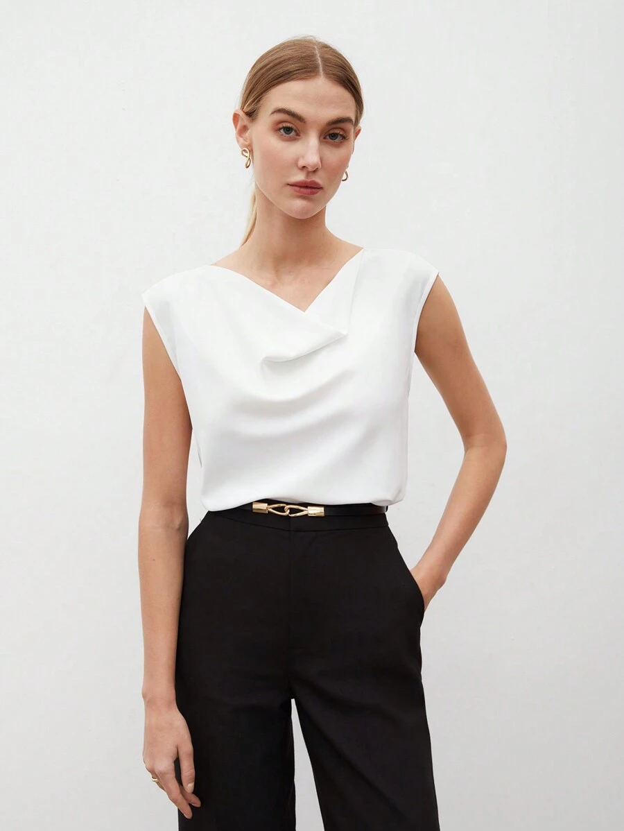 BizChic Blusa De Cuello Drapeado De Color Sólido Para Mujer - Blanco - Ver 1