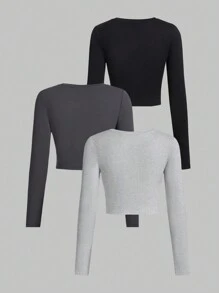SHEIN EZwear 3pcs/Set Casual Solid Color Round Neck Long Sleeve Fitted Women T-Shirts, Suitable For Spring & Autumn - Multicolor - View 2