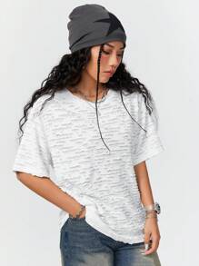 SHEIN EZwear Thư được vá Áo thun Thả vai - trắng - Xem 3
