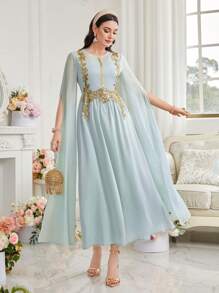 Al Najma Women's Long Sleeve Arabic Style Dress With Flower Decoration And Front Split - Mint Green - View 1