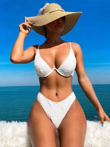 Swim SXY 女士紋路後背交叉比基尼套裝,內置底托兩件式泳裝沙灘服裝夏季假期 - 白色 - 查看 5