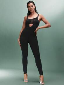 SHEIN BAE Mesh Contrast Unitard Met Uitgesneden Ontwerp Voor Lente/Zomer Festival Feestoutfit