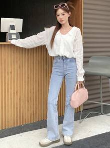 DAZY 女式宽松纯色长袖衬衫，下摆磨损，透视