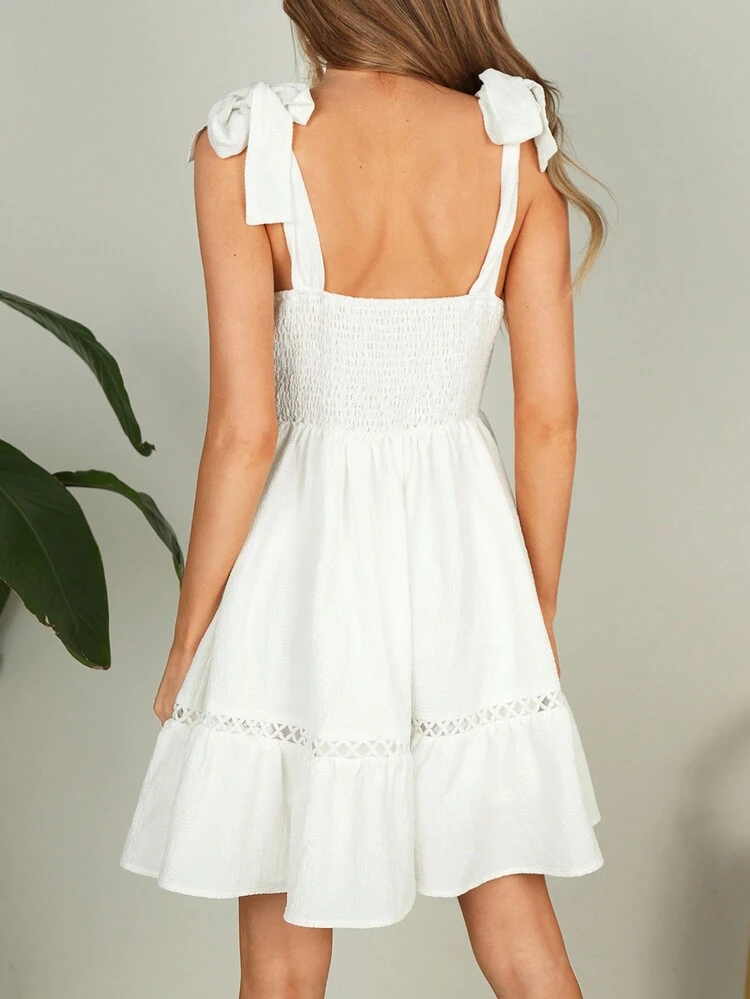 Solid Color Hollow Out Patchwork Ruffle Trim Vacation Dress For Women, Women Cruise Outfit