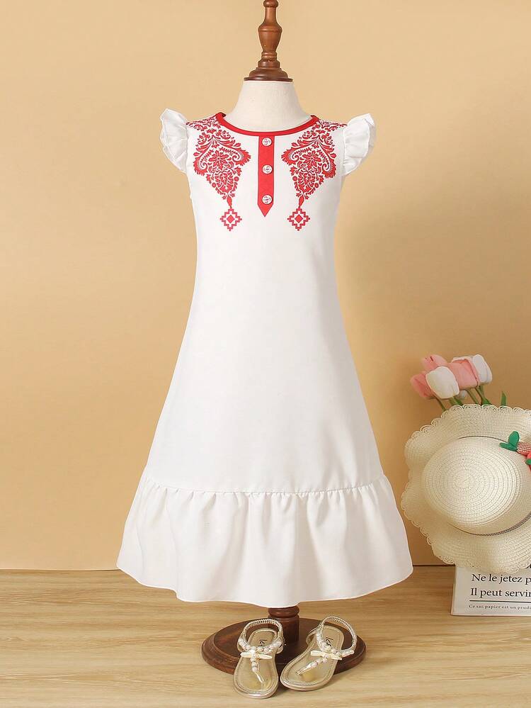 Young Girls' Casual Red Floral Print White Conservative Dress For Summer