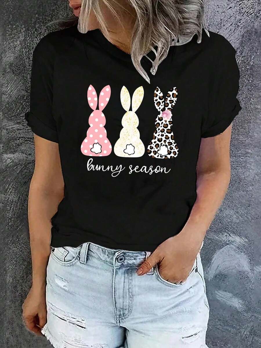 SHEIN LUNE 大码女式复活节卡通兔子印花 T 恤图案 T 恤女式上衣 - 黑色 - 查看 1