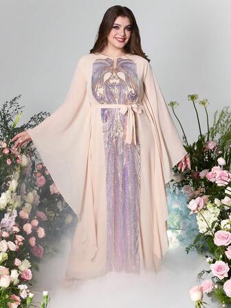 女士米色蝙蝠袖亮片拼布阿拉伯风格连衣裙