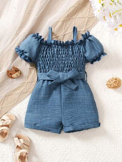 SHEIN Vintaside Kids 女婴优雅基本款牛仔效果褶皱柔软连体衣，露肩泡泡袖和折叠袖口