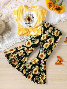 SHEIN Leap Crew Young Girl Knitted Flower Pattern Round Neck Loose Top And Knitted Flared Pants Set - Yellow - View 1