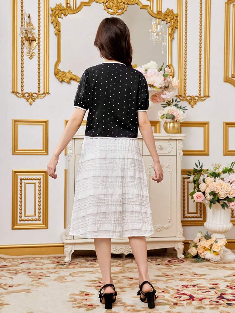 Teen Girls' Polka Dot Short Sleeve Casual Top And Pleated Skirt 2pcs/Set