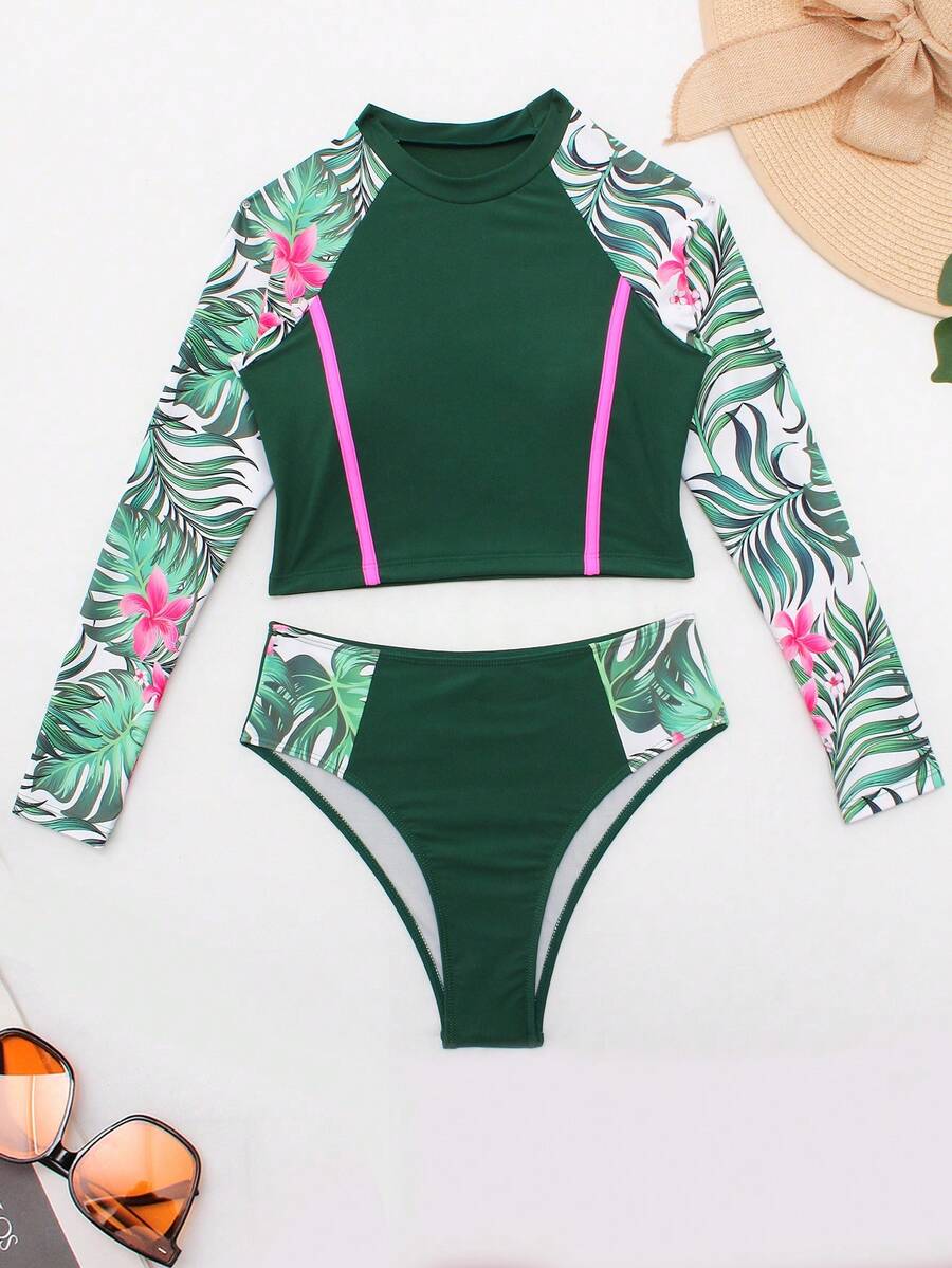 2 Piezas/set Chica Adolescente Con Top Manga Larga De Bloque De Color Con Estampado De Plantas Tropicales Y Flores Con Bikini Triangular, Estilo De Playa