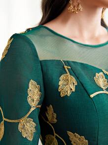 Modelyn Women's Floral Leaves Embroidery Trumpet Sleeve Dress Long Evening Dresses Fall Cloth For Women - Green - View 7