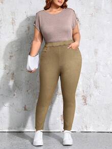 SHEIN LUNE 大尺碼純色彈性腰牛仔褲 - 卡其色 - 查看 3