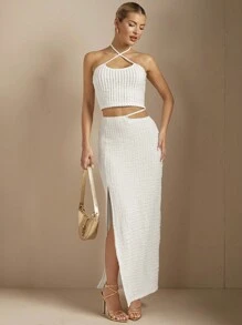 SHEIN BAE White Textured Material Asymmetrical Hollow Out High Slit Skirt - White - View 3