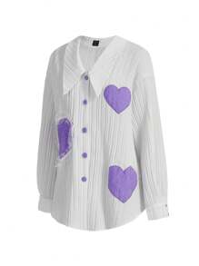 SHEINNeu Kidcore 多巴胺桃心補丁刺繡蕾絲條鬆身襯衫不對稱上衣音樂會紅色女裝夏季襯衫