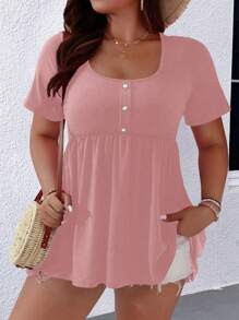 SHEIN LUNE Plus Size Short Sleeve T-Shirt With Button Decoration And Ruffle Hem Design - Pink - View 4