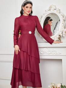 Modelyn Váy nữ màu đỏ tía cổ đứng tay bồng và cạp chun - Màu Đỏ Sâu - Xem 8