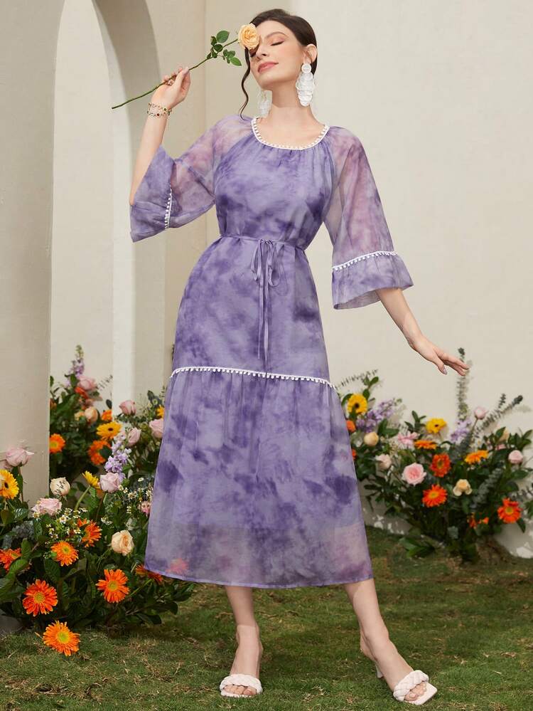 Women's Tie-Dye Printed Lace Trimmed Dress Long Evening Dresses