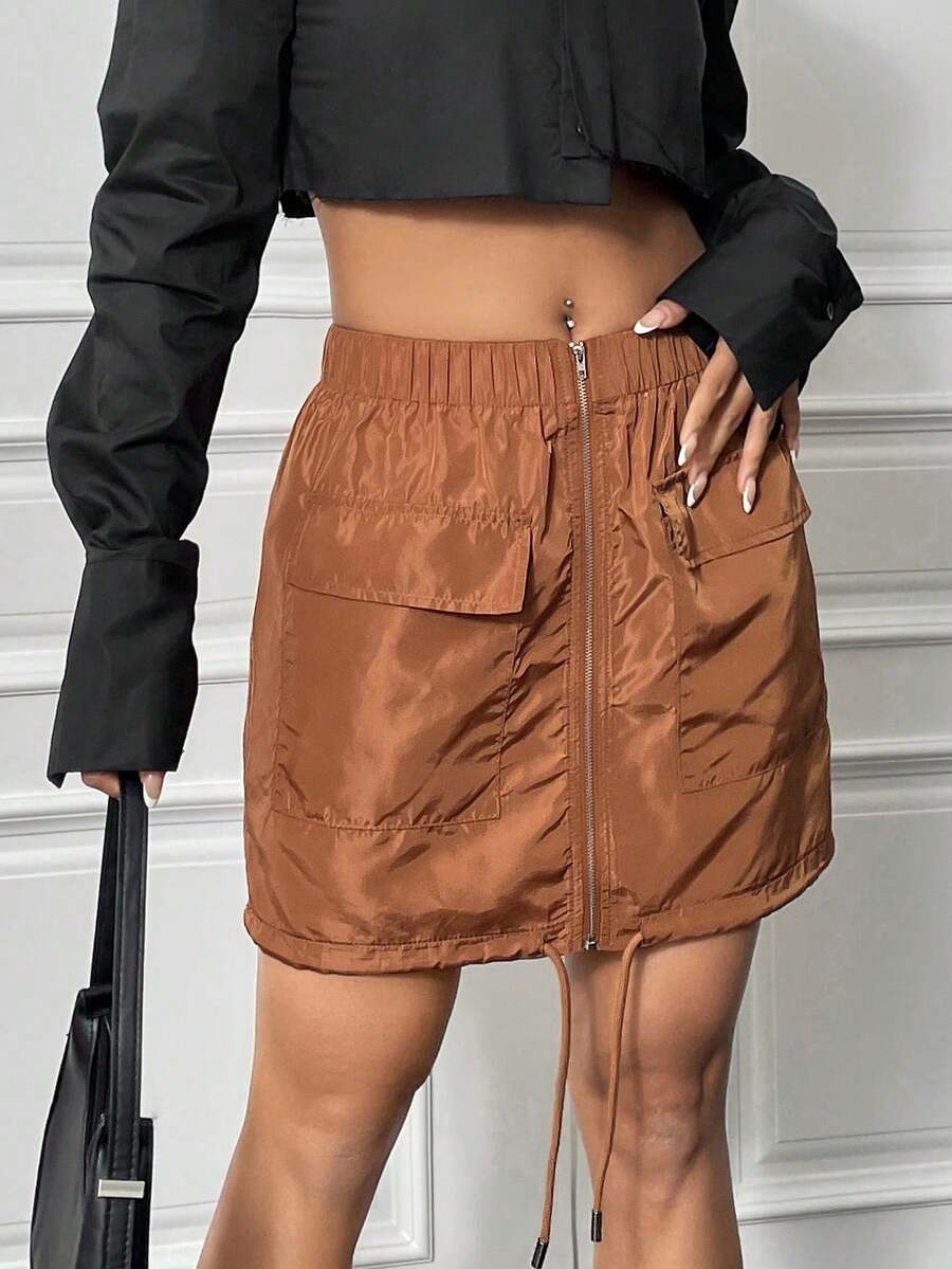SHEIN Unity Solid Color Front Zipper Cargo Style Skirt - Khaki - View 1