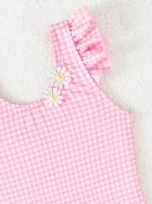 SHEIN 寶寶女孩一件式泳衣,使用特殊布料製成,粉色與白色相間的方格圖案裝飾著花朵,非常可愛 - 粉色 - 查看 3