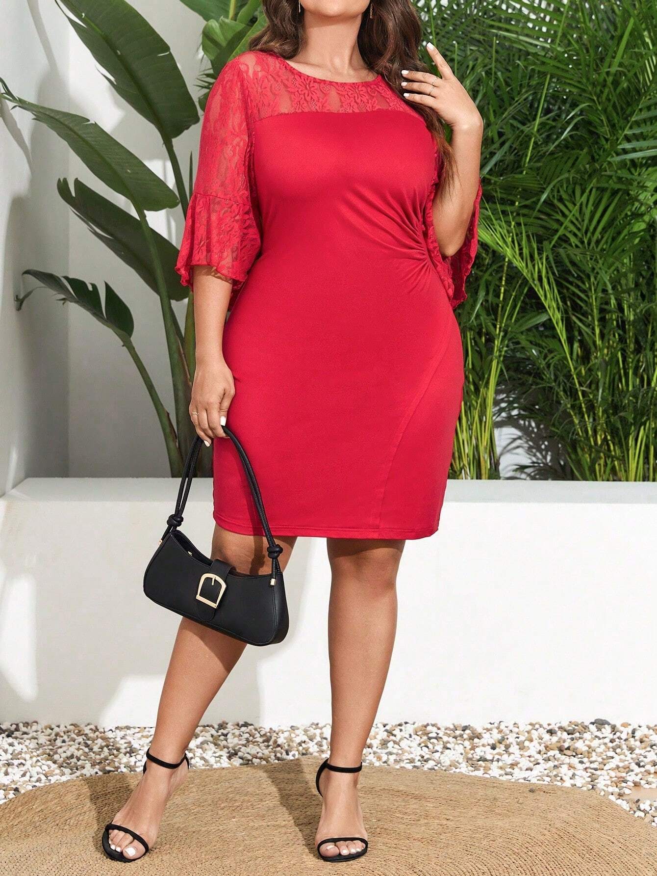 SHEIN Clasi Plus Size Lace Yoke Bell Sleeve Dress SHEIN USA