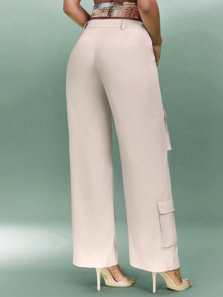 Women's Solid Color Low Waist 3d Cut Multi-Pocket Apricot-Colored Wide Leg Cargo Pants Suitable For Spring/Summer, Perfect For Festivals, Single Parties, Date Night, Music Concerts, Daily Wear, And Going Out