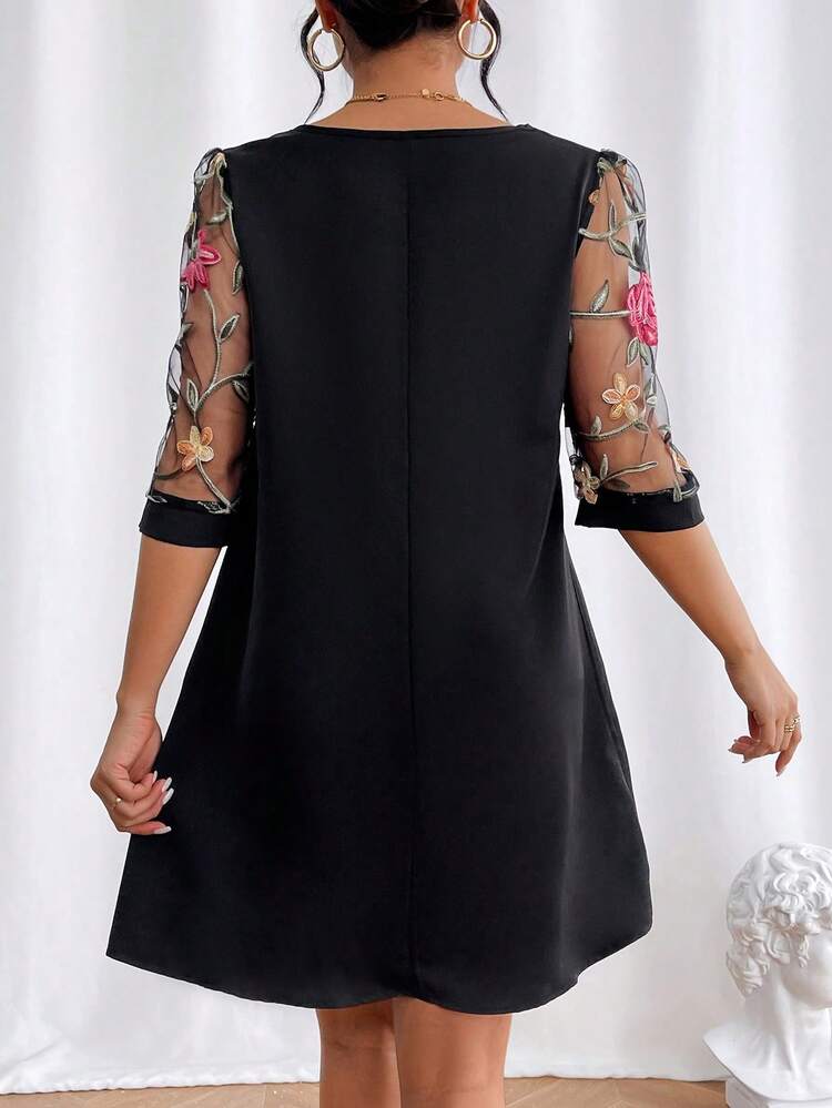 Women's Embroidered Sheer Mesh Short Sleeve Dress