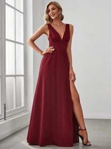 Spring V-Neck High Waist Slit Formal Dress, Burgundy Bridesmaid Dress, Wedding Guest Dress, Women's Christmas Party Dress - Burgundy - View 5