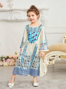 SHEIN Robe Longue De Style Bohème Pour Les Jeunes Filles Avec Détails D'impression Géométrique