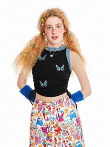 SHEINNeu Kidcore蝴蝶刺繡拉繩側邊配流蘇邊的黑色背心上衣 - 黑色 - 查看 4