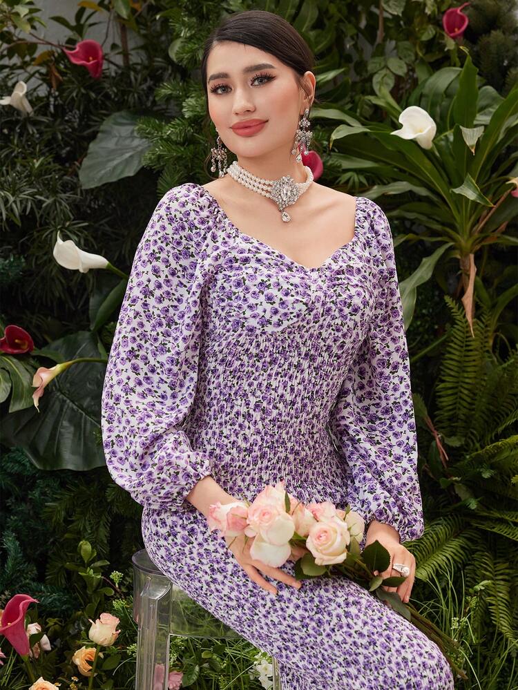 Women's Sweetheart Collar Floral Print Lantern Sleeve Dress