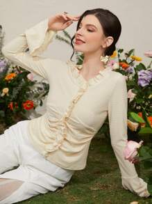 Modelyn 女士純色荷葉邊裝飾t恤 - 杏色 - 查看 1