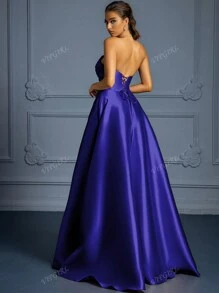 VIPGIRL Elegant Satin Strapless A-Line Gown With High Slit And Sequin Detail,Evening Dress Elegant,Women Evening Party Dress, Prom Dresses For Women,Formal Dress