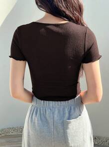 DAZY Letter Embroidery Criss Cross Crop Tee - Coffee Brown - View 2
